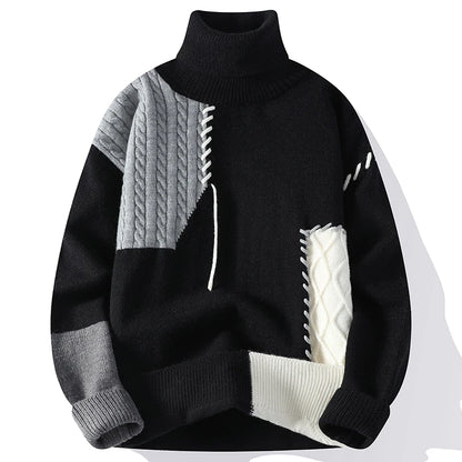 Men's Patchwork Knit Jumper with Roll Neck and Textured Panels