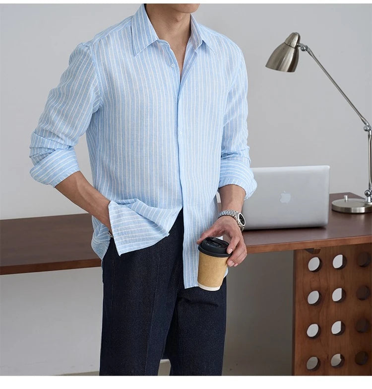 Men's Long Sleeve Striped Button Down Shirt with Collared Neck