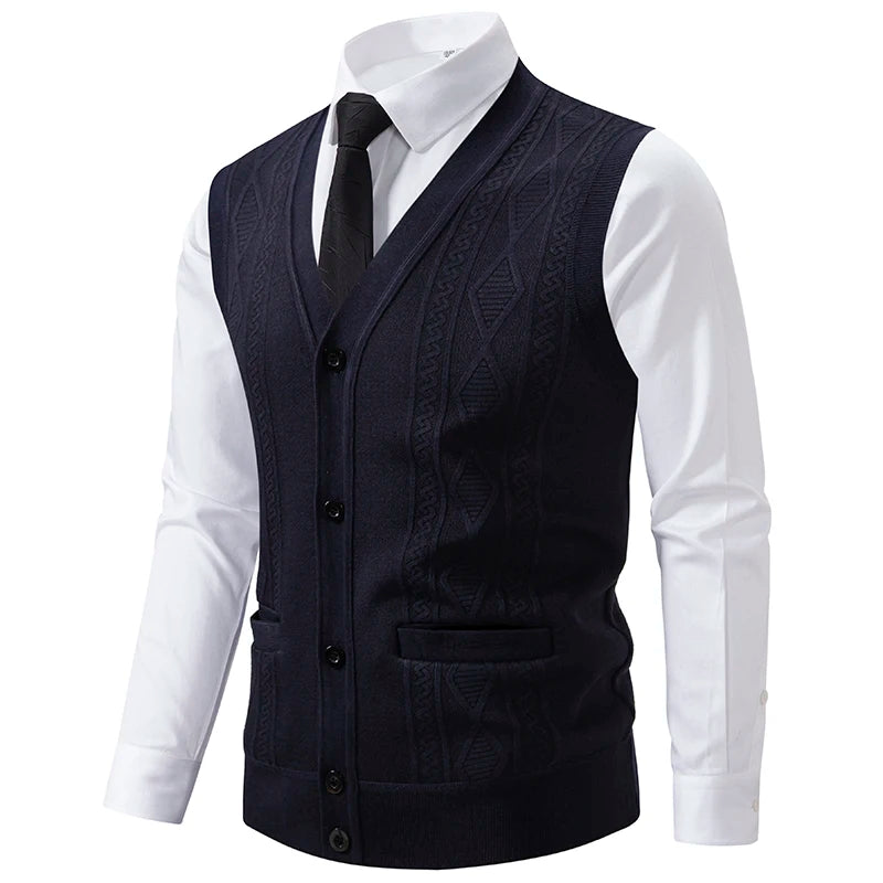 Men's Knitted Waistcoat with V Neck and Button Fastening