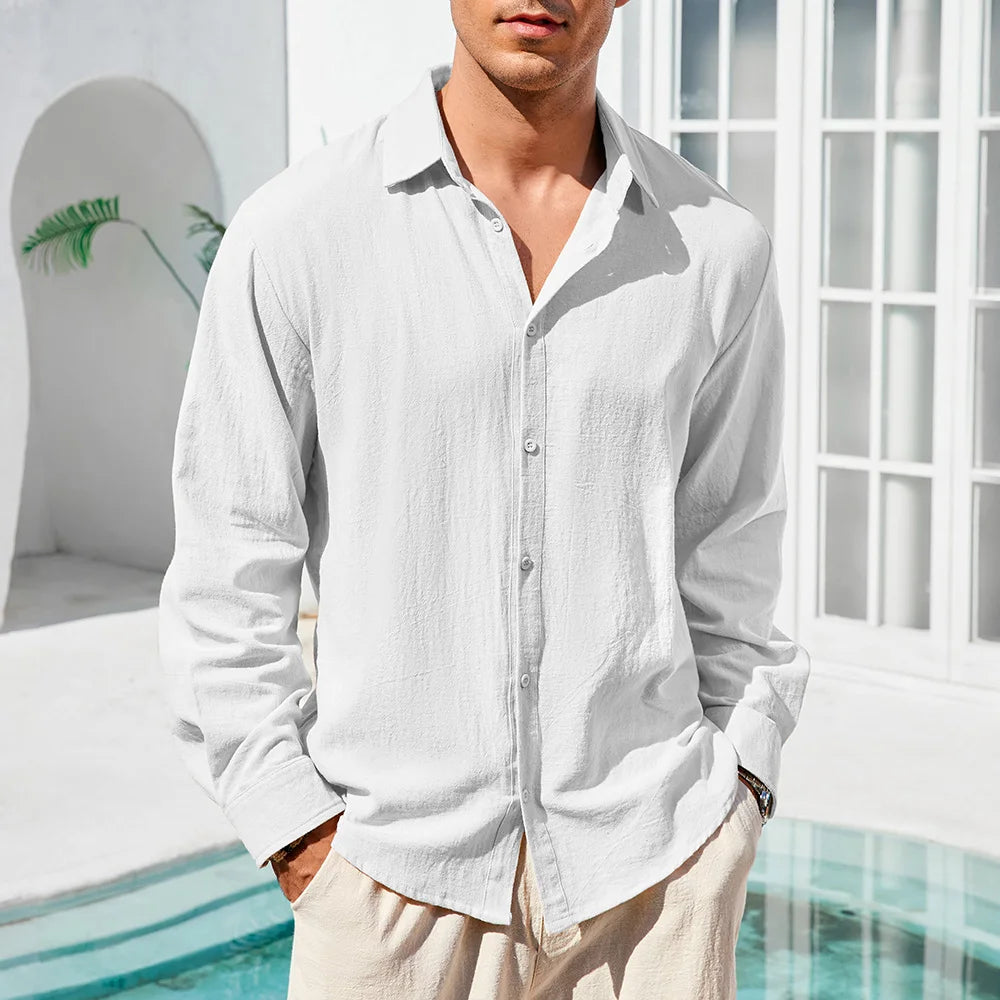 Men's Long Sleeve Linen Look Shirt with Open Collar