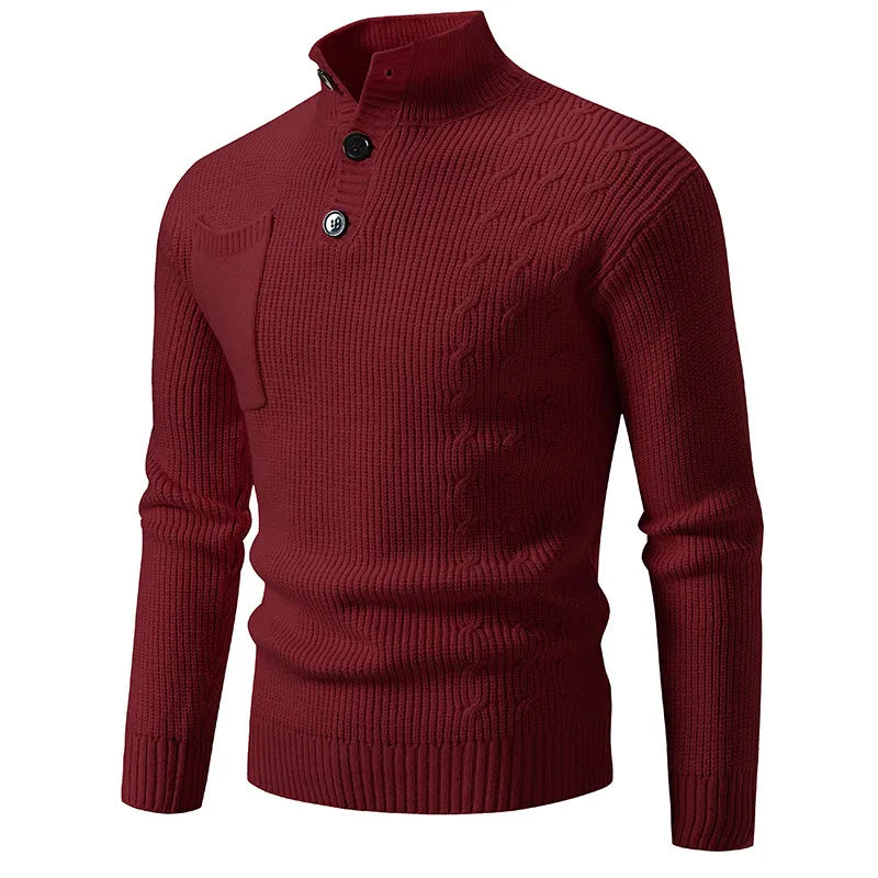 Men's Ribbed Knit Jumper with High Neck Button Placket