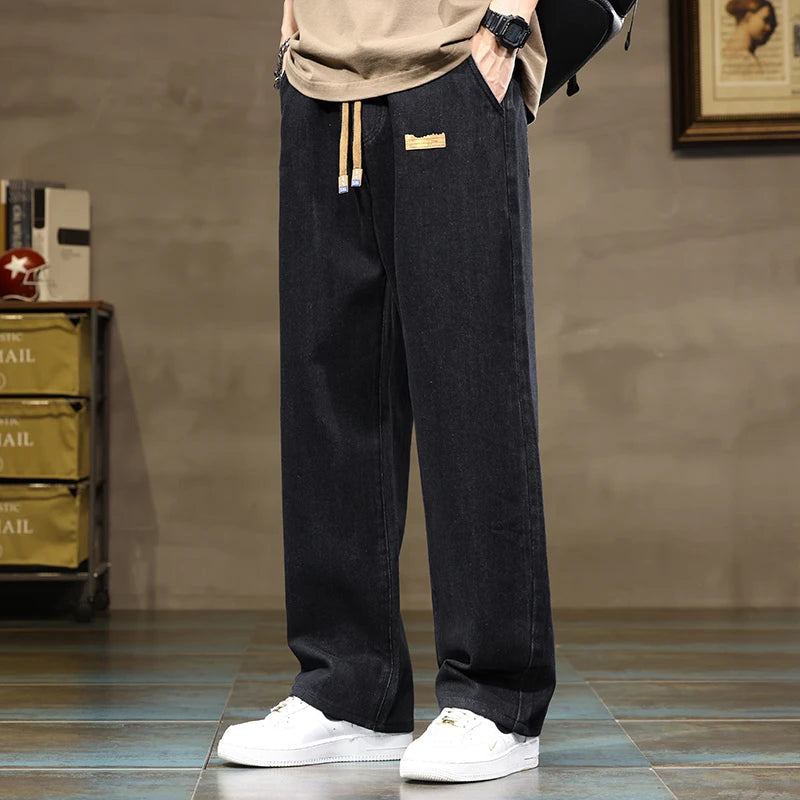 Men's Wide Leg Trousers Drawstring Waist Loose Fit Denim