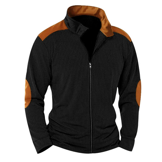 Men's Zip Up Knitted Jacket – Long Sleeve Stand Collar with Elbow Patches and Ribbed Hem