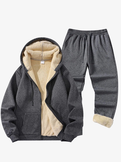 Men's Hooded Tracksuit Set with Sherpa-Lined Jacket and Jogger Trousers – Warm Winter Wear