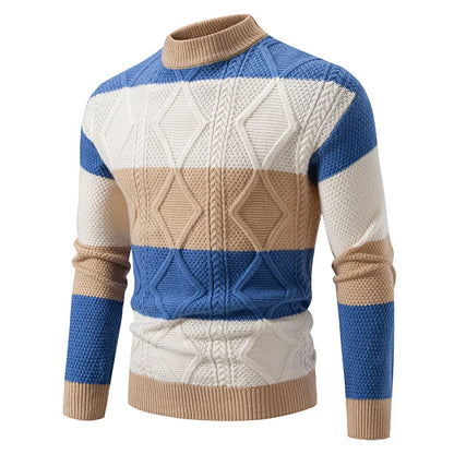 Men's Knitted Mock Neck Jumper with Colourblock Pattern