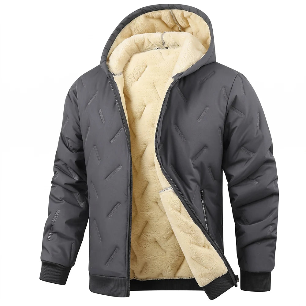 Men's Quilted Hooded Jacket – Long Sleeve Winter Coat with Full Zip and Pockets