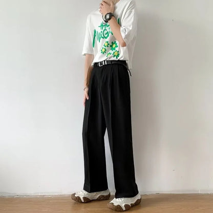 Men's Wide Leg Pleated Trousers with Side Pockets