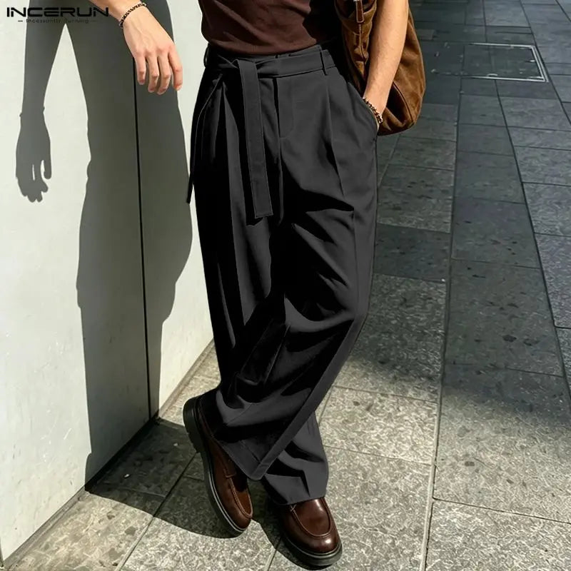Men's Wide Leg Pleated Trousers with Belt Loops