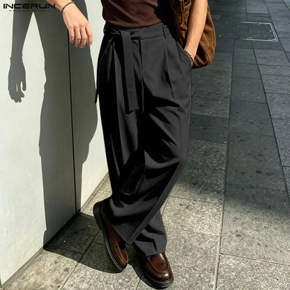 Men's Wide Leg Pleated Trousers with Belt Loops