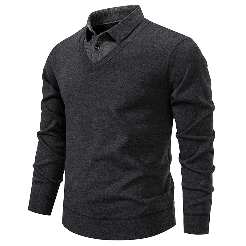 Men's V-Neck Jumper with Long Sleeves and Ribbed Trim