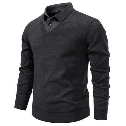 Men's V-Neck Jumper with Long Sleeves and Ribbed Trim