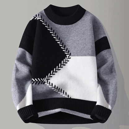 Men's Colour Block Knit Jumper with Crew Neck Geometric Design