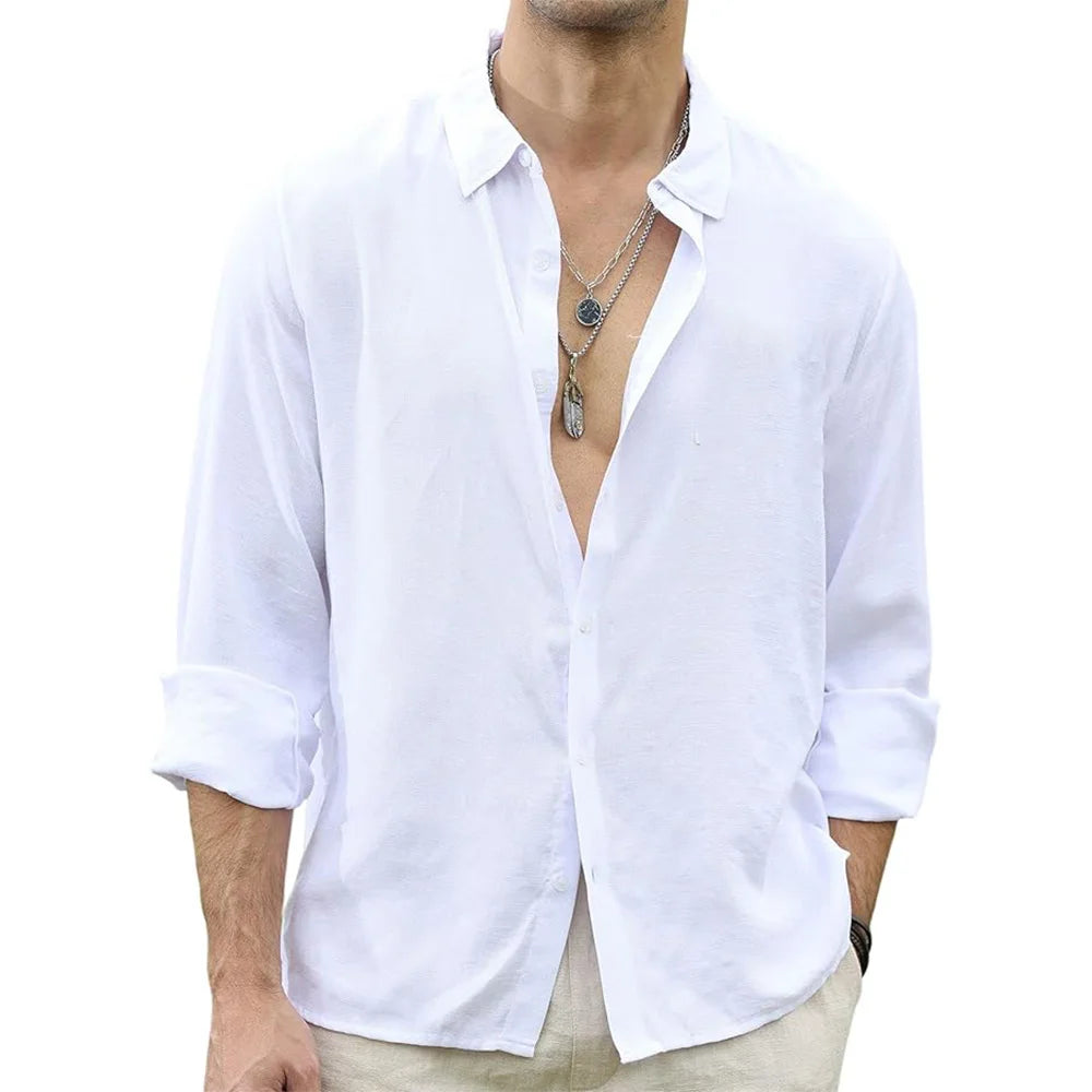 Men's Long Sleeve Casual Shirt with Open Collar