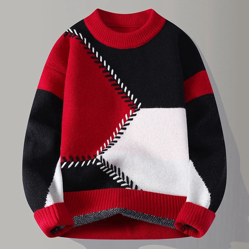 Men's Colour Block Knit Jumper with Crew Neck Geometric Design