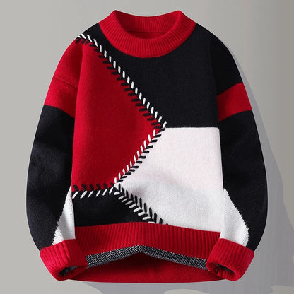 Men's Colour Block Knit Jumper with Crew Neck Geometric Design