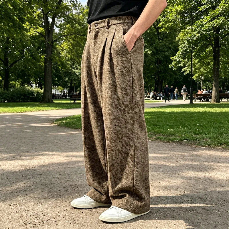Men's Wide Leg Trousers with Pleated Front and Pockets