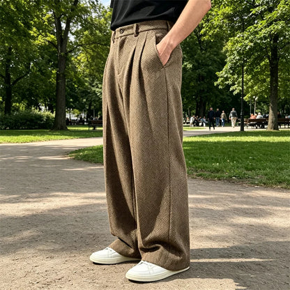 Men's Wide Leg Trousers with Pleated Front and Pockets