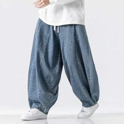 Men's Loose Fit Denim Harem Trousers with Drawstring Waist