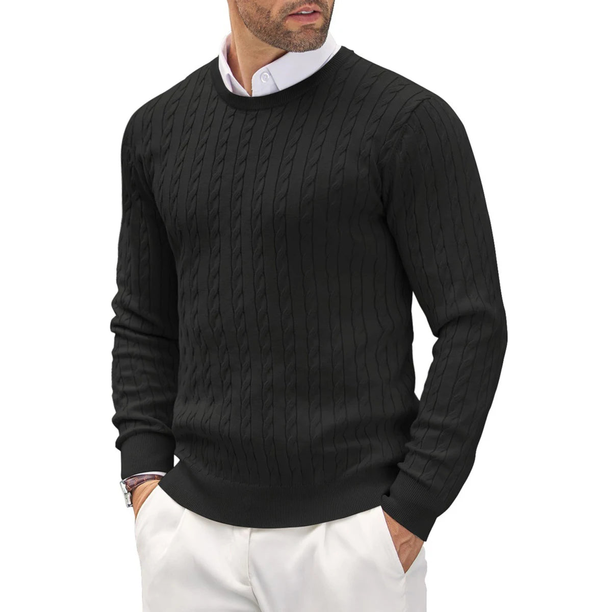 Men's Cable Knit Jumper with Crew Neck and Long Sleeves