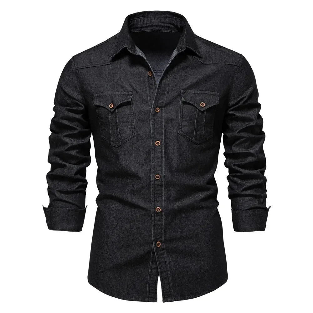 Men's Denim Shirt with Double Chest Pockets and Long Sleeves