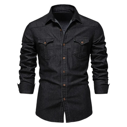 Men's Denim Shirt with Double Chest Pockets and Long Sleeves
