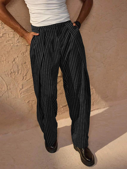Men's Striped Trousers Relaxed Fit Elasticated Waist Straight Leg