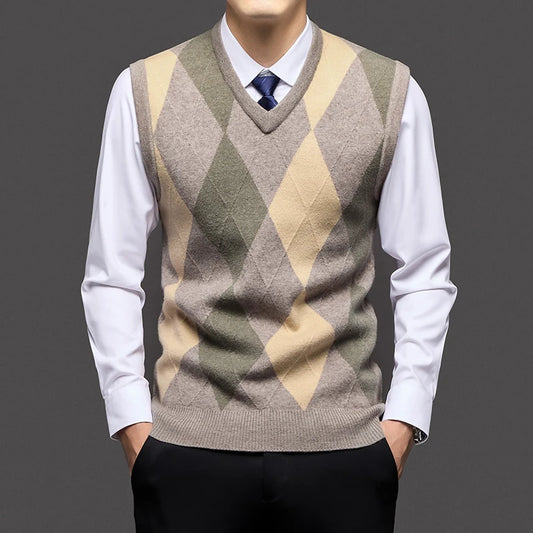 Men's Argyle Knit Jumper Vest with V-Neck and Ribbed Trim