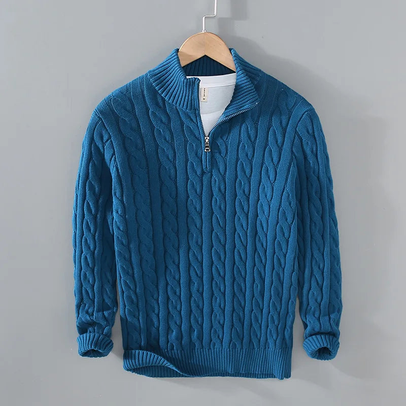 Men's Cable Knit Jumper Quarter Zip High Neck