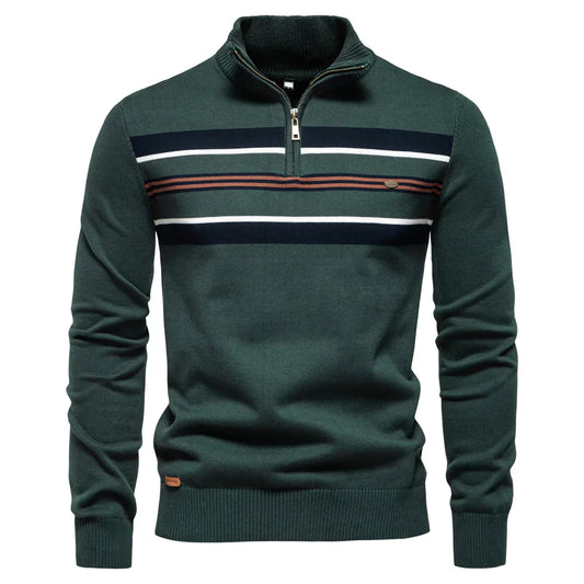 Men's Quarter Zip Knitted Sweater – Striped Long Sleeve Winter Jumper