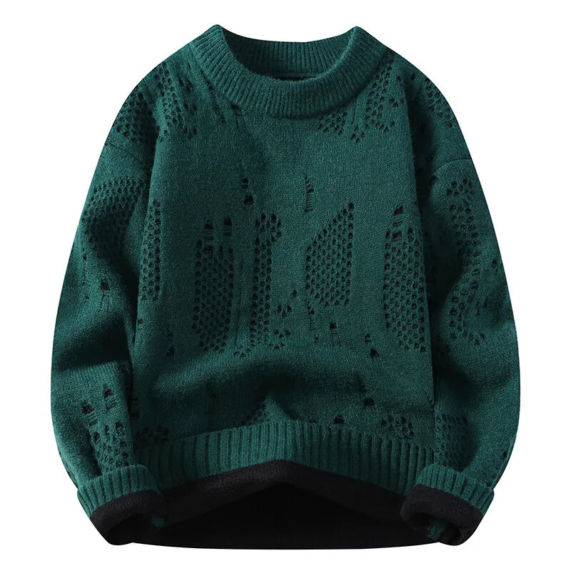 Men's Openwork Knit Jumper with Crew Neck Pattern Details