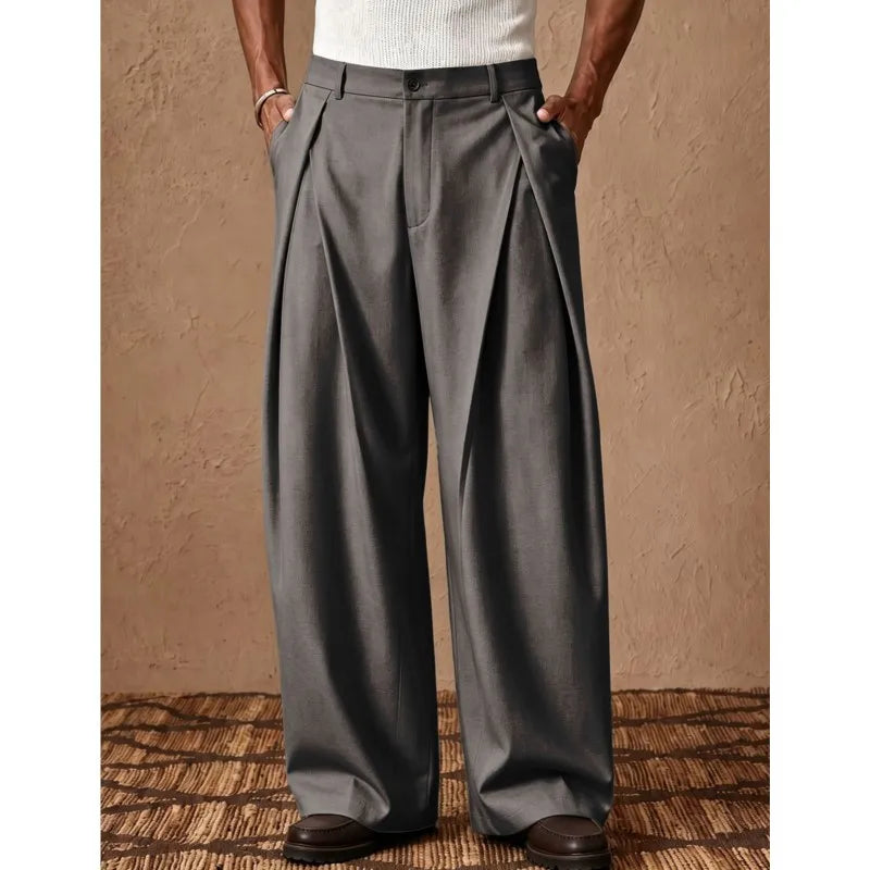 Men's Wide Leg Pleated Trousers with Elasticated Waist