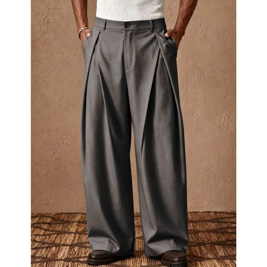 Men's Wide Leg Pleated Trousers with Elasticated Waist