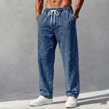 Men's Denim Trousers Loose Fit Drawstring Waist Straight Leg