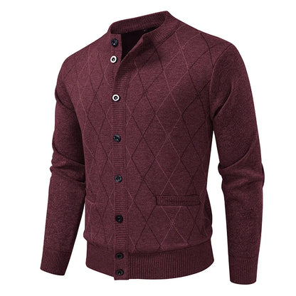 Men's Argyle Knit Cardigan with Button Front and Stand Collar
