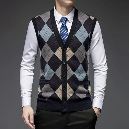 Men's Argyle Knitted Vest with V Neck Button Front