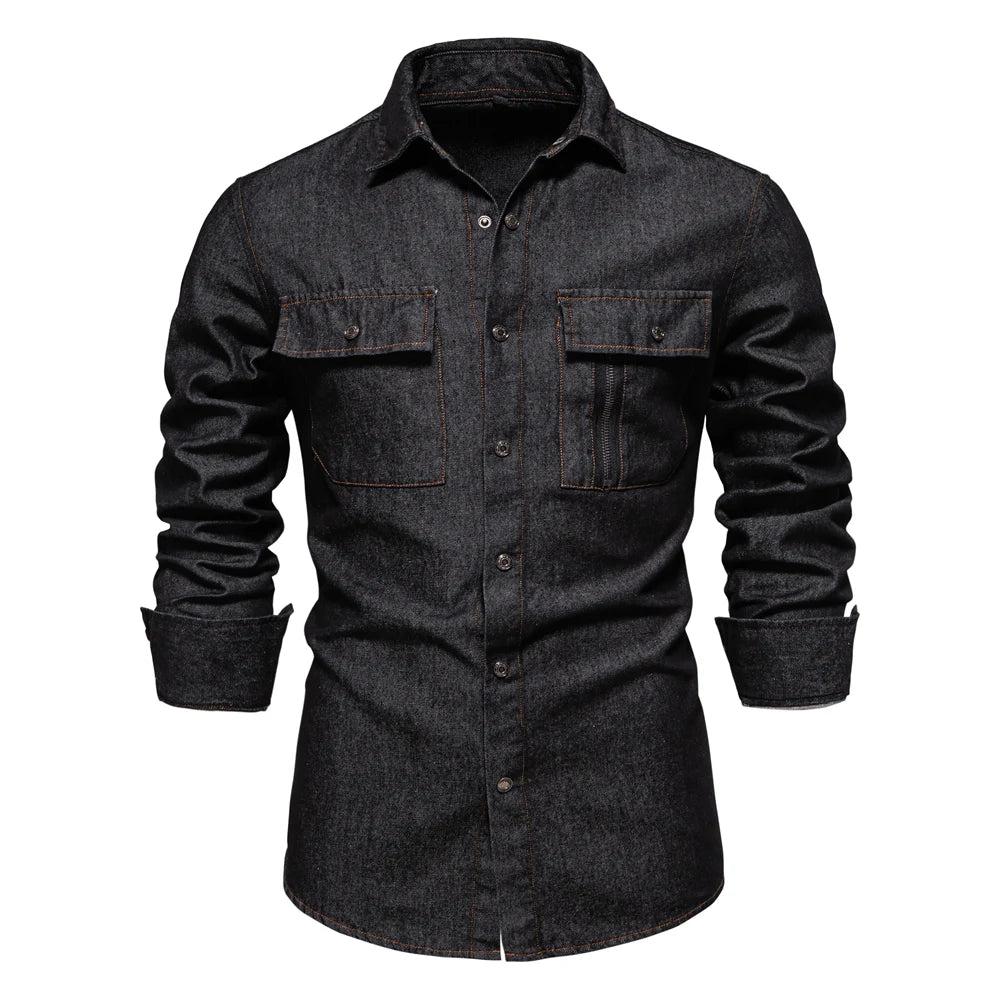 Men's Long Sleeve Shirt with Dual Chest Pockets and Cuffs