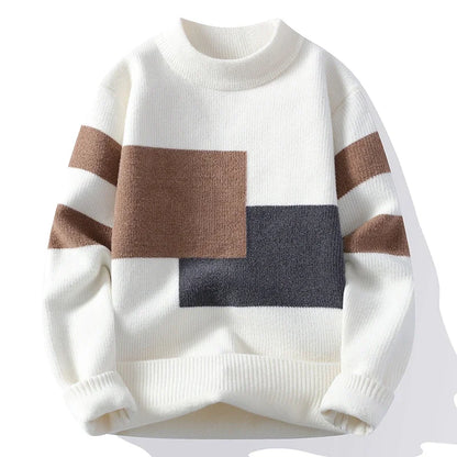 Men's Geometric Knit Jumper with Crew Neck Block Pattern