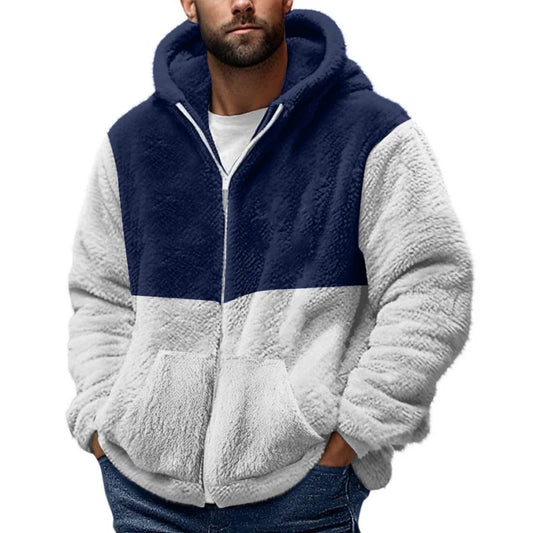 Men's Hooded Zip Fleece Jacket – Colour Block Long Sleeve Coat with Front Pockets