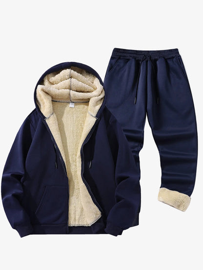 Men's Hooded Tracksuit Set with Sherpa-Lined Jacket and Jogger Trousers – Warm Winter Wear