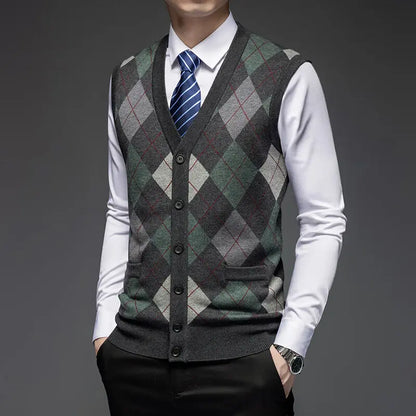 Men's Argyle Knitted Vest with V Neck Button Front