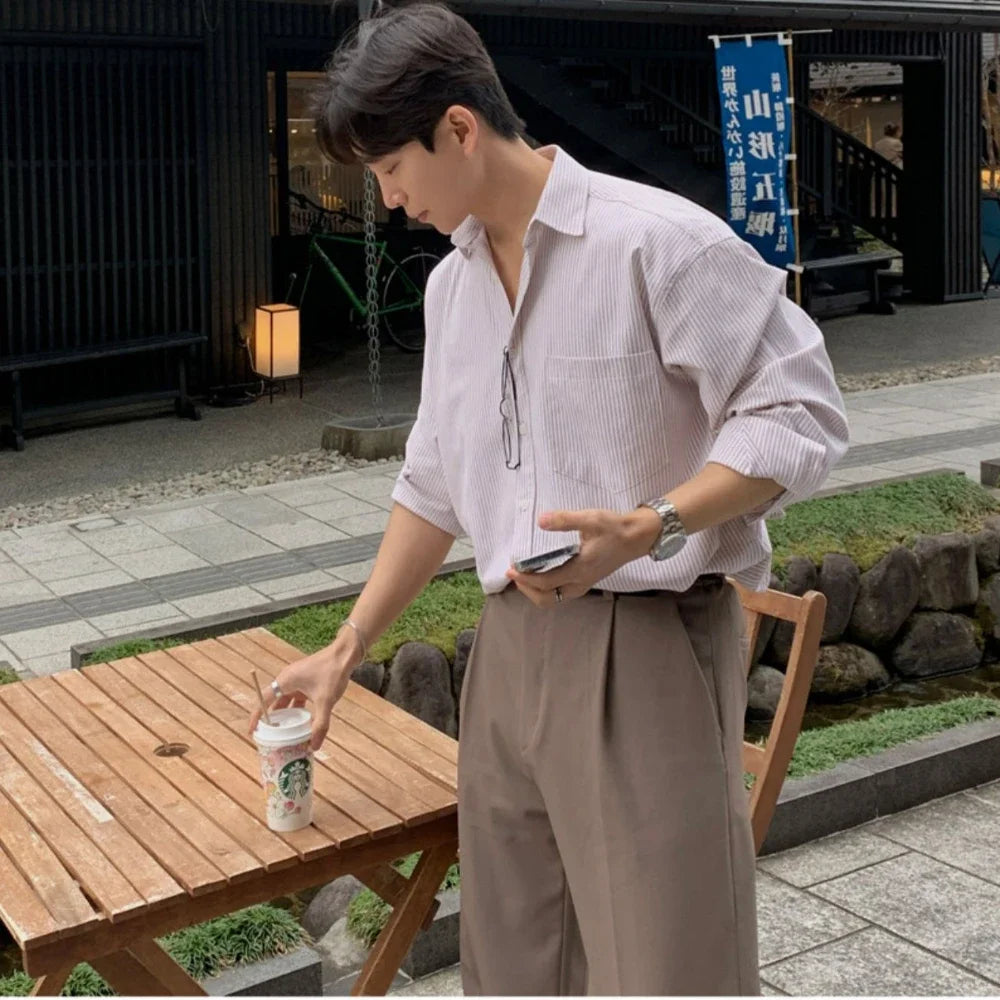 Men's Relaxed Fit Textured Long Sleeve Shirt with Open Collar
