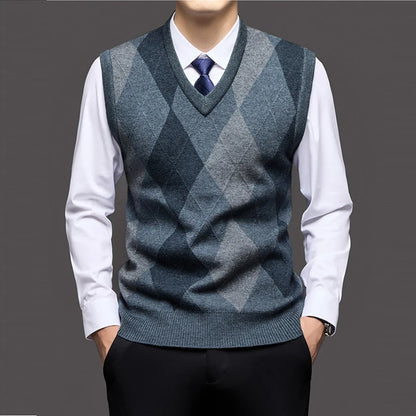 Men's Argyle Knit Jumper Vest with V-Neck and Ribbed Trim