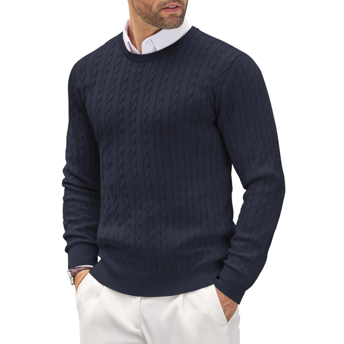 Men's Cable Knit Jumper with Crew Neck and Long Sleeves