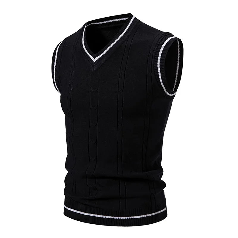 Men's Knitted V Neck Tank Top with Cable Knit Detail