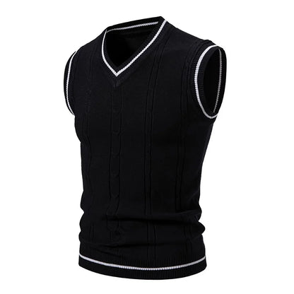 Men's Knitted V Neck Tank Top with Cable Knit Detail
