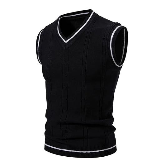Men's Knitted V Neck Tank Top with Cable Knit Detail