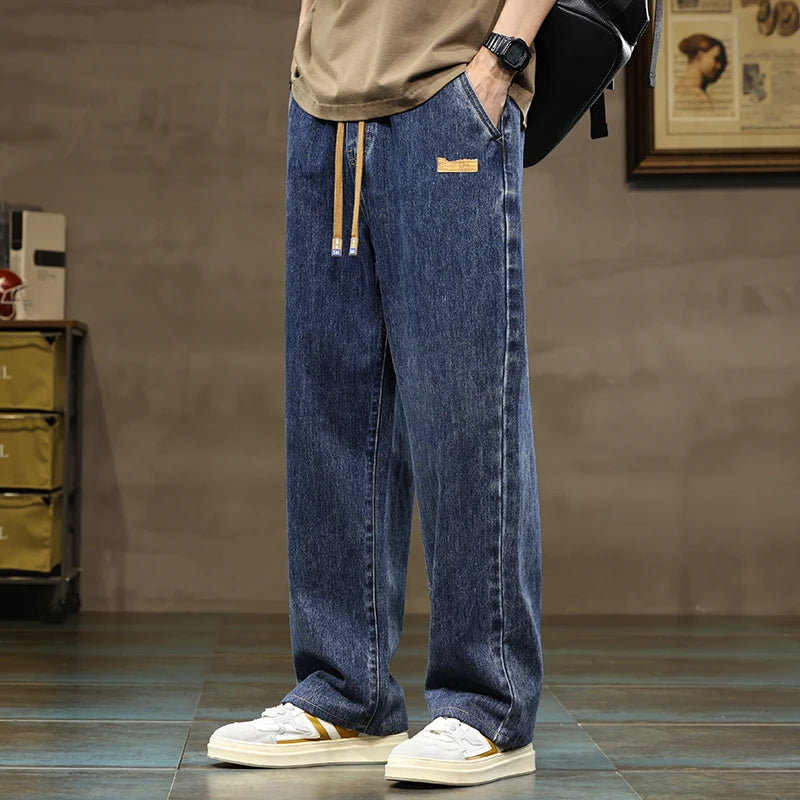 Men's Wide Leg Trousers Drawstring Waist Loose Fit Denim