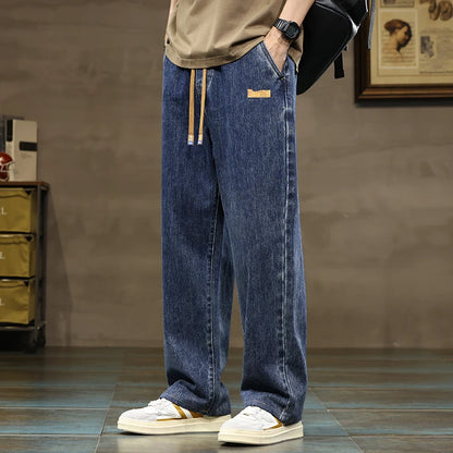 Men's Wide Leg Trousers Drawstring Waist Loose Fit Denim