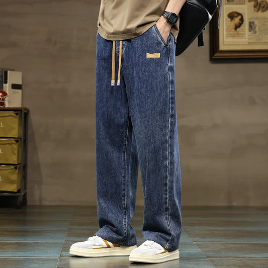 Men's Wide Leg Trousers Drawstring Waist Loose Fit Denim
