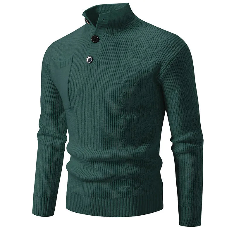 Men's Ribbed Knit Jumper with High Neck Button Placket